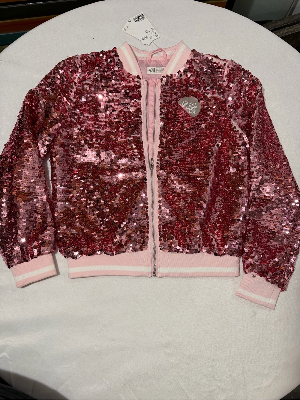 H&M Pink Sequin Bomber Jacket with Rib Trim